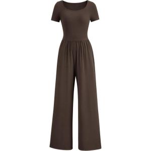 imagePRETTYGARDEN Womens Summer One Piece Jumpsuits Dressy Casual Short Sleeve Square Neck Wide Leg Rompers Travel Outfit ClothesCoffee