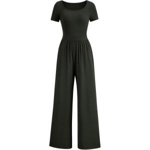 imagePRETTYGARDEN Womens Summer One Piece Jumpsuits Dressy Casual Short Sleeve Square Neck Wide Leg Rompers Travel Outfit ClothesDark Army Green