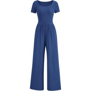 imagePRETTYGARDEN Womens Summer One Piece Jumpsuits Dressy Casual Short Sleeve Square Neck Wide Leg Rompers Travel Outfit ClothesDark Blue