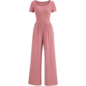 imagePRETTYGARDEN Womens Summer One Piece Jumpsuits Dressy Casual Short Sleeve Square Neck Wide Leg Rompers Travel Outfit ClothesDusty Pink