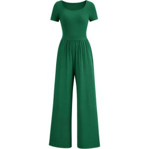 imagePRETTYGARDEN Womens Summer One Piece Jumpsuits Dressy Casual Short Sleeve Square Neck Wide Leg Rompers Travel Outfit ClothesGreen
