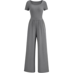 imagePRETTYGARDEN Womens Summer One Piece Jumpsuits Dressy Casual Short Sleeve Square Neck Wide Leg Rompers Travel Outfit ClothesGrey