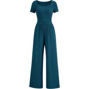 imagePRETTYGARDEN Womens Summer One Piece Jumpsuits Dressy Casual Short Sleeve Square Neck Wide Leg Rompers Travel Outfit ClothesLake Blue