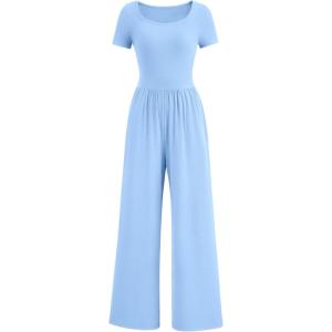 imagePRETTYGARDEN Womens Summer One Piece Jumpsuits Dressy Casual Short Sleeve Square Neck Wide Leg Rompers Travel Outfit ClothesLight Blue