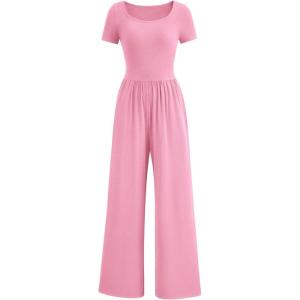 imagePRETTYGARDEN Womens Summer One Piece Jumpsuits Dressy Casual Short Sleeve Square Neck Wide Leg Rompers Travel Outfit ClothesLight Pink