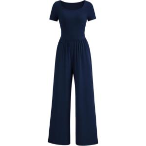 imagePRETTYGARDEN Womens Summer One Piece Jumpsuits Dressy Casual Short Sleeve Square Neck Wide Leg Rompers Travel Outfit ClothesNavy