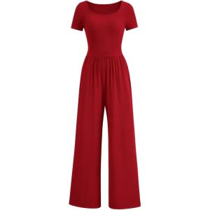imagePRETTYGARDEN Womens Summer One Piece Jumpsuits Dressy Casual Short Sleeve Square Neck Wide Leg Rompers Travel Outfit ClothesRed