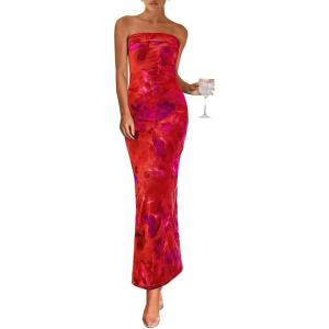 imagePRETTYGARDEN Womens Summer Printed Tube Maxi Dress Strapless Bodycon Sleeveless Long Beach Vacation DressesFloral Rust Red