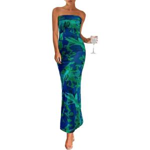 imagePRETTYGARDEN Womens Summer Printed Tube Maxi Dress Strapless Bodycon Sleeveless Long Beach Vacation DressesGreen Floral