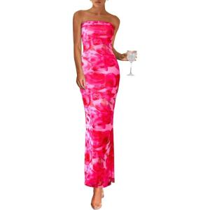 imagePRETTYGARDEN Womens Summer Printed Tube Maxi Dress Strapless Bodycon Sleeveless Long Beach Vacation DressesPink Floral