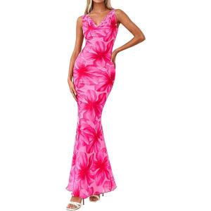 imagePRETTYGARDEN Womens Summer Wedding Guest Dress 2026 Spring Cowl Neck Mesh Bodycon Formal Cocktail Party Floral Maxi DressesPink Floral