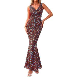 imagePRETTYGARDEN Womens Summer Wedding Guest Dress 2026 Spring Cowl Neck Mesh Bodycon Formal Cocktail Party Floral Maxi DressesPolka Dot Brown Blue