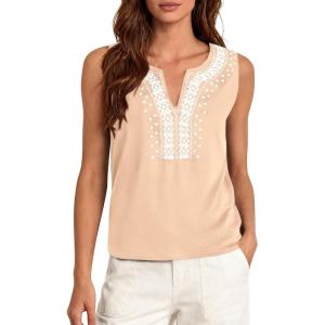 imagePRETTYGARDEN Womens Tank Tops 2026 Summer Causal V Neck Sleeveless Shirts Floral Print Embroidered Beach Vacation Boho TopBeige