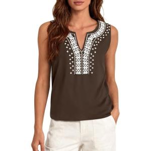 imagePRETTYGARDEN Womens Tank Tops 2026 Summer Causal V Neck Sleeveless Shirts Floral Print Embroidered Beach Vacation Boho TopBrown
