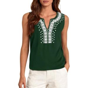 imagePRETTYGARDEN Womens Tank Tops 2026 Summer Causal V Neck Sleeveless Shirts Floral Print Embroidered Beach Vacation Boho TopDark Green