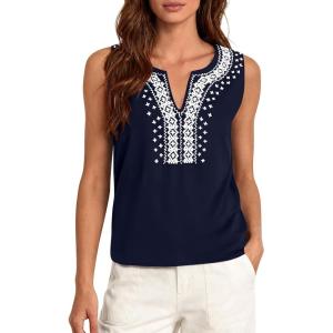 imagePRETTYGARDEN Womens Tank Tops 2026 Summer Causal V Neck Sleeveless Shirts Floral Print Embroidered Beach Vacation Boho TopNavy