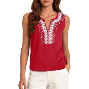 imagePRETTYGARDEN Womens Tank Tops 2026 Summer Causal V Neck Sleeveless Shirts Floral Print Embroidered Beach Vacation Boho TopRed