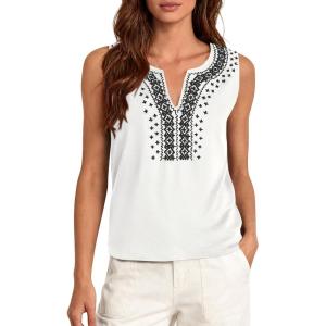 imagePRETTYGARDEN Womens Tank Tops 2026 Summer Causal V Neck Sleeveless Shirts Floral Print Embroidered Beach Vacation Boho TopWhite