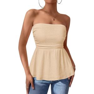 imagePRETTYGARDEN Womens Tube Tops Trendy 2026 Summer Casual Ruffle Hem Cute Tank Tops Going Out Strapless Shirts Vacation OutfitsBeige Yellow
