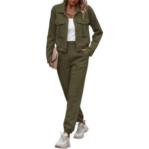 imagePRETTYGARDEN Womens Two Piece Sets Fall 2026 Long Sleeve Button Down Shacket Jacket Long Sweatpants Tracksuit Winter ClothesArmy Green