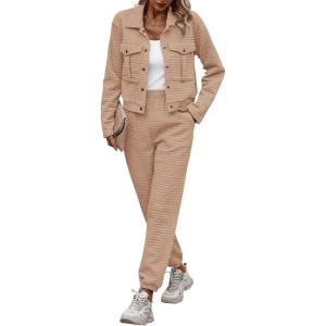 imagePRETTYGARDEN Womens Two Piece Sets Fall 2026 Long Sleeve Button Down Shacket Jacket Long Sweatpants Tracksuit Winter ClothesDark Khaki