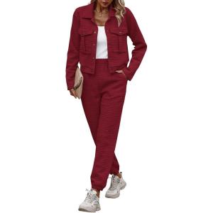 imagePRETTYGARDEN Womens Two Piece Sets Fall 2026 Long Sleeve Button Down Shacket Jacket Long Sweatpants Tracksuit Winter ClothesWine Red