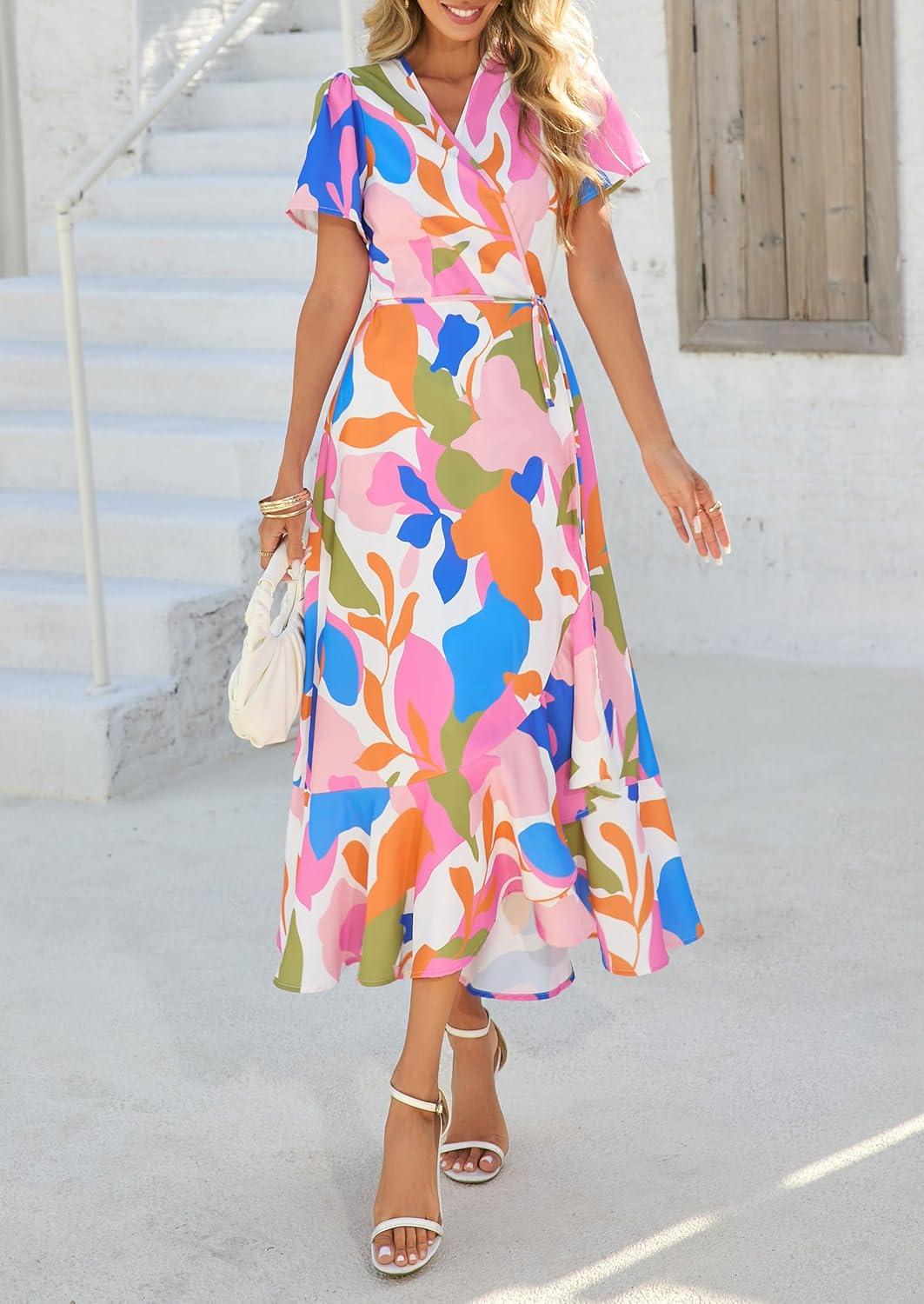 imagePRETTYGARDEN Womens Boho Floral Maxi Dress Summer Short Sleeve Wrap V Neck Long Flowy Beach Vacation Wedding Guest DressesWhite Multicolored