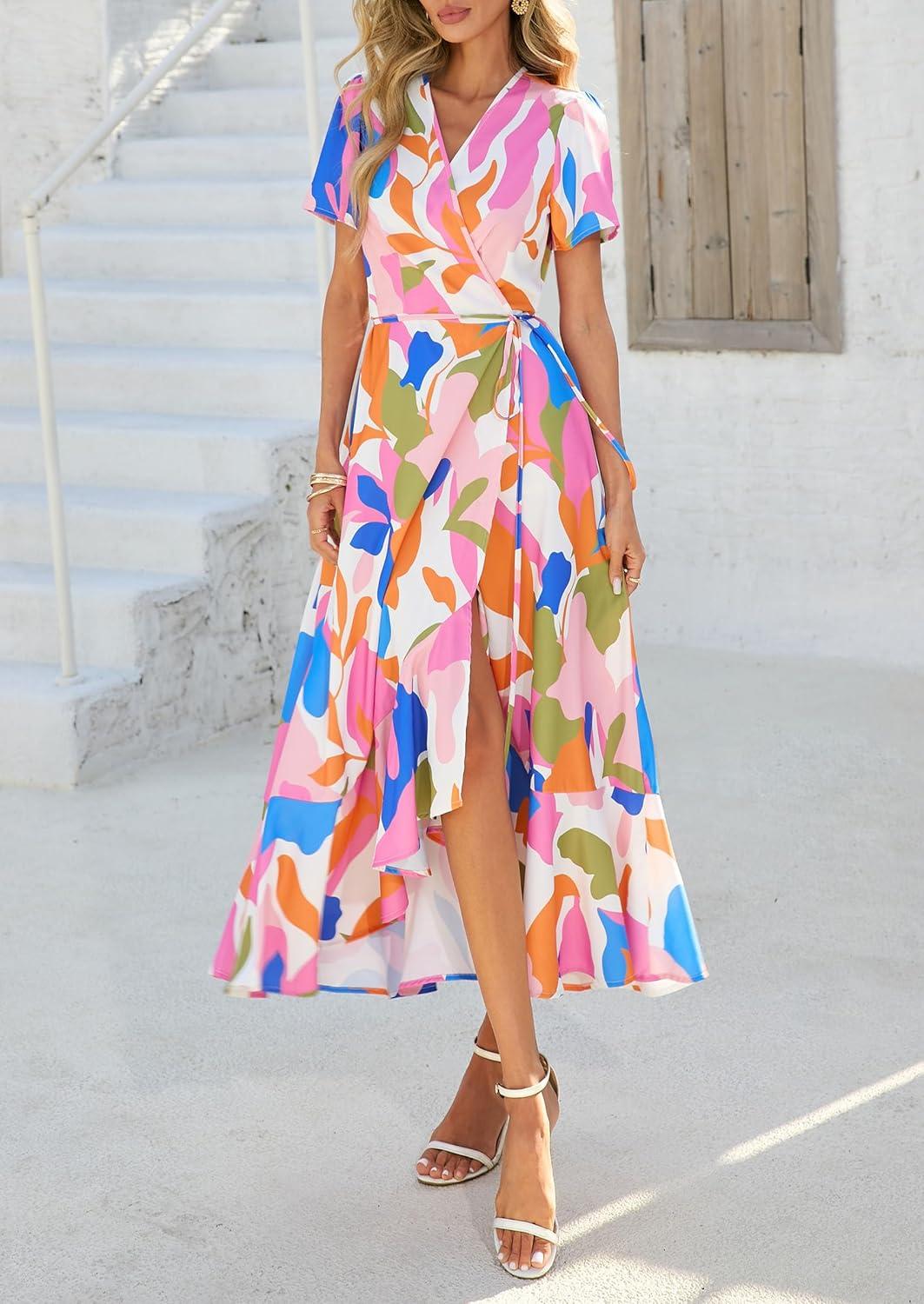 imagePRETTYGARDEN Womens Boho Floral Maxi Dress Summer Short Sleeve Wrap V Neck Long Flowy Beach Vacation Wedding Guest DressesWhite Multicolored