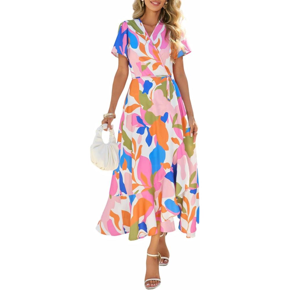 imagePRETTYGARDEN Womens Boho Floral Maxi Dress Summer Short Sleeve Wrap V Neck Long Flowy Beach Vacation Wedding Guest DressesWhite Multicolored