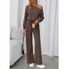 imagePRETTYGARDEN Long Sleeve Jumpsuit For Women Dressy 2026 Off Shoulder One Piece Loose Wide Leg Jumpsuits Casual Flowy RomperBrown