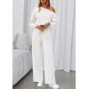 imagePRETTYGARDEN Long Sleeve Jumpsuit For Women Dressy 2026 Off Shoulder One Piece Loose Wide Leg Jumpsuits Casual Flowy RomperWhite
