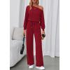 imagePRETTYGARDEN Long Sleeve Jumpsuit For Women Dressy 2026 Off Shoulder One Piece Loose Wide Leg Jumpsuits Casual Flowy RomperWine Red