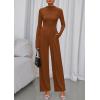 imagePRETTYGARDEN Long Sleeve Jumpsuit for Women 2026 Fall Date Night Rompers Dressy Casual One Piece Mock Neck Jumpsuits PocketsBrown