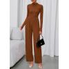 imagePRETTYGARDEN Long Sleeve Jumpsuit for Women 2026 Fall Date Night Rompers Dressy Casual One Piece Mock Neck Jumpsuits PocketsBrown