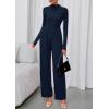 imagePRETTYGARDEN Long Sleeve Jumpsuit for Women 2026 Fall Date Night Rompers Dressy Casual One Piece Mock Neck Jumpsuits PocketsNavy Blue