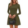 imagePRETTYGARDEN Long Sleeve Mini Dress for Women 2026 Spring Crewneck Knit Pleated Babydoll A Line Casual Short Party DressesArmy Green