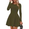 imagePRETTYGARDEN Long Sleeve Mini Dress for Women 2026 Spring Crewneck Knit Pleated Babydoll A Line Casual Short Party DressesArmy Green