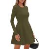 imagePRETTYGARDEN Long Sleeve Mini Dress for Women 2026 Spring Crewneck Knit Pleated Babydoll A Line Casual Short Party DressesArmy Green