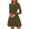imagePRETTYGARDEN Long Sleeve Mini Dress for Women 2026 Spring Crewneck Knit Pleated Babydoll A Line Casual Short Party DressesArmy Green
