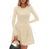 imagePRETTYGARDEN Long Sleeve Mini Dress for Women 2026 Spring Crewneck Knit Pleated Babydoll A Line Casual Short Party DressesBeige