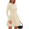 imagePRETTYGARDEN Long Sleeve Mini Dress for Women 2026 Spring Crewneck Knit Pleated Babydoll A Line Casual Short Party DressesBeige