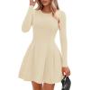 imagePRETTYGARDEN Long Sleeve Mini Dress for Women 2026 Spring Crewneck Knit Pleated Babydoll A Line Casual Short Party DressesBeige