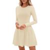 imagePRETTYGARDEN Long Sleeve Mini Dress for Women 2026 Spring Crewneck Knit Pleated Babydoll A Line Casual Short Party DressesBeige