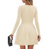 imagePRETTYGARDEN Long Sleeve Mini Dress for Women 2026 Spring Crewneck Knit Pleated Babydoll A Line Casual Short Party DressesBeige