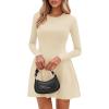 imagePRETTYGARDEN Long Sleeve Mini Dress for Women 2026 Spring Crewneck Knit Pleated Babydoll A Line Casual Short Party DressesBeige
