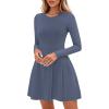 imagePRETTYGARDEN Long Sleeve Mini Dress for Women 2026 Spring Crewneck Knit Pleated Babydoll A Line Casual Short Party DressesBlue