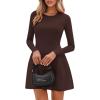 imagePRETTYGARDEN Long Sleeve Mini Dress for Women 2026 Spring Crewneck Knit Pleated Babydoll A Line Casual Short Party DressesBrown