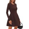 imagePRETTYGARDEN Long Sleeve Mini Dress for Women 2026 Spring Crewneck Knit Pleated Babydoll A Line Casual Short Party DressesBrown