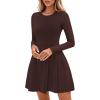 imagePRETTYGARDEN Long Sleeve Mini Dress for Women 2026 Spring Crewneck Knit Pleated Babydoll A Line Casual Short Party DressesBrown