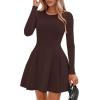 imagePRETTYGARDEN Long Sleeve Mini Dress for Women 2026 Spring Crewneck Knit Pleated Babydoll A Line Casual Short Party DressesBrown